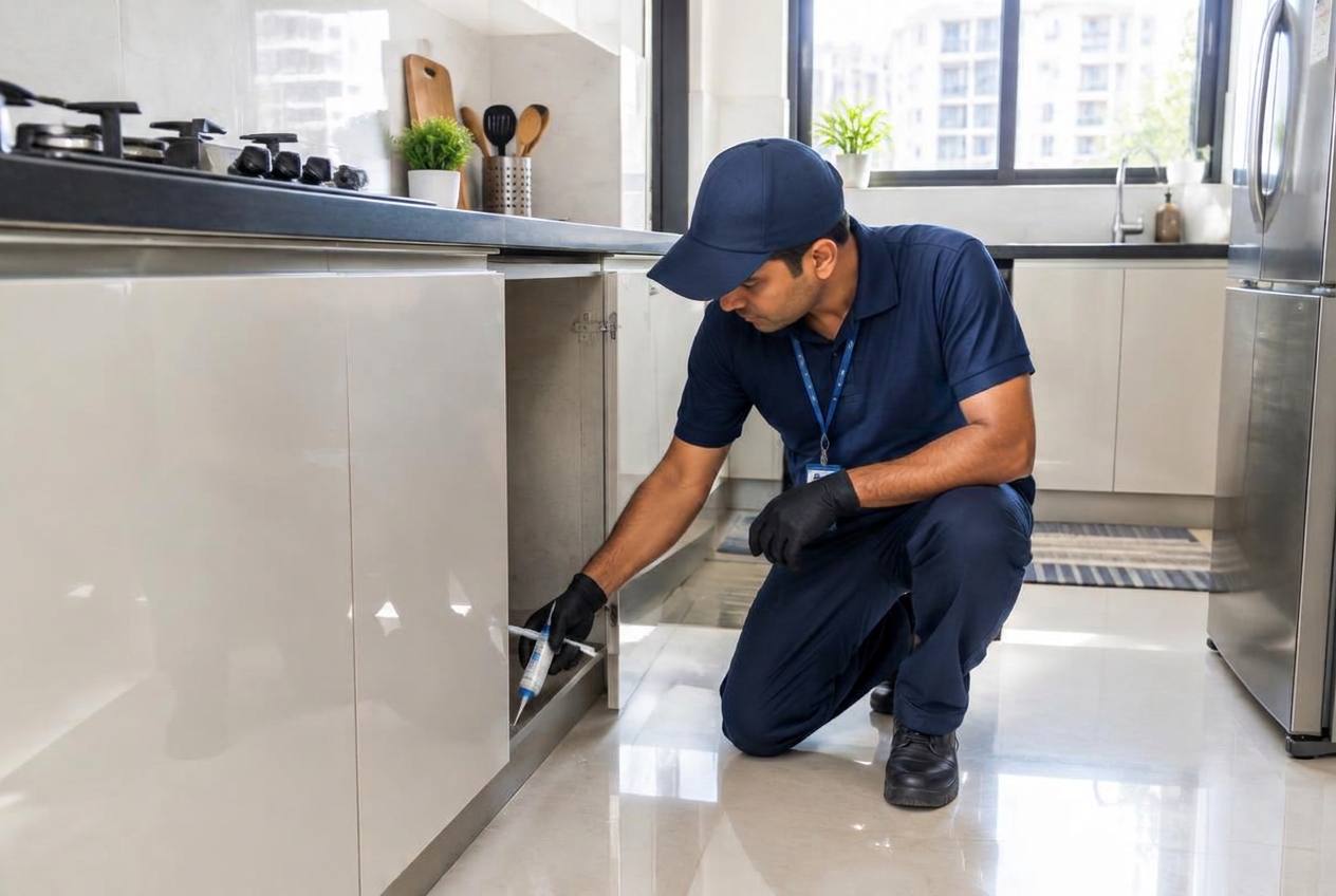 Technician applying cockroach gel inside a freshly cleaned kitchen cabinet